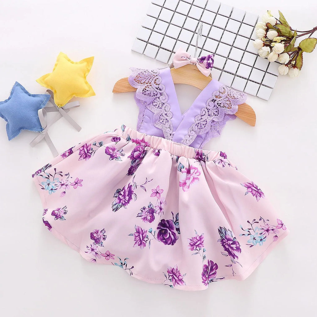 Girls Korean style sleeveless cotton summer princess dress in violet with flower print
