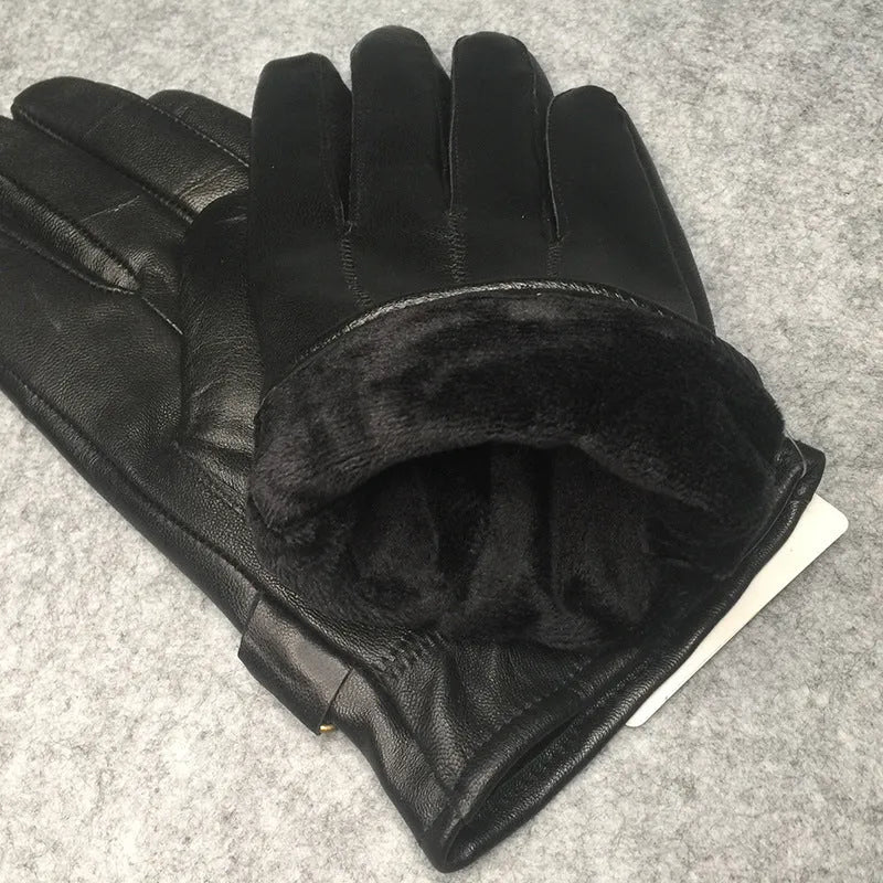 Men's sheepskin leather warm finger gloves in black or dark brown, monochrome, one size