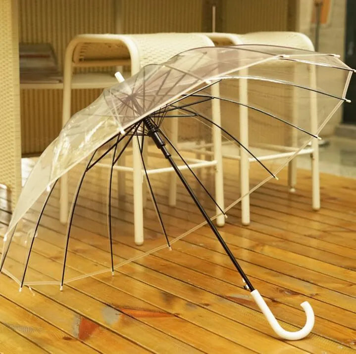 Transparent umbrella with long handle showing 16 rib construction and large canopy