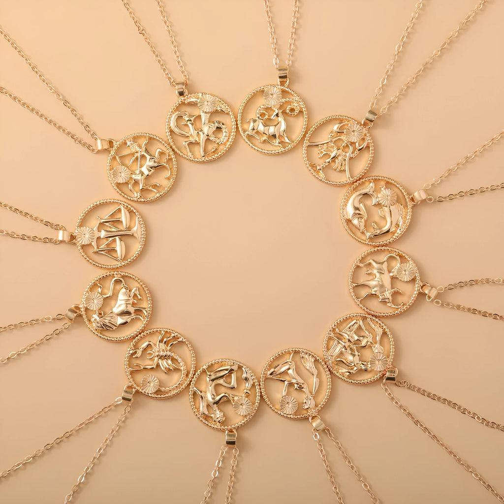 Simple alloy zodiac pendant necklace featuring twelve constellations including Aries, Taurus, Gemini, Cancer, Leo, Virgo, Libra, Scorpio, Sagittarius, Capricorn, Aquarius, and Pisces