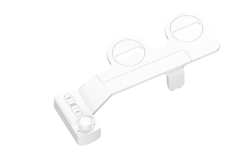 Pure white button-operated wash tool with removable nozzle and regional plumbing fittings.