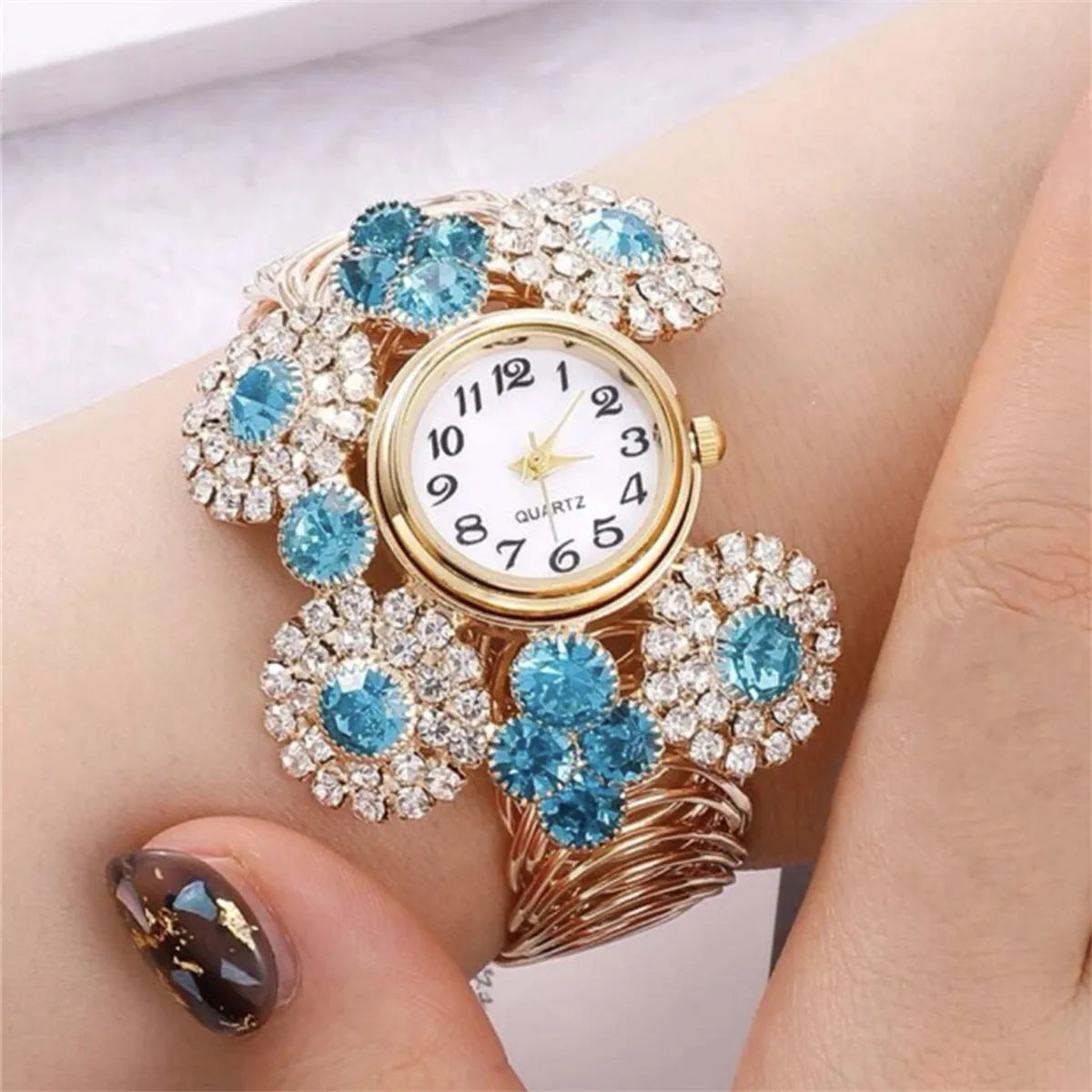 Blue women's quartz watch with rhinestone starry dial, zinc alloy case, stainless steel buckle, 3.5cm dial