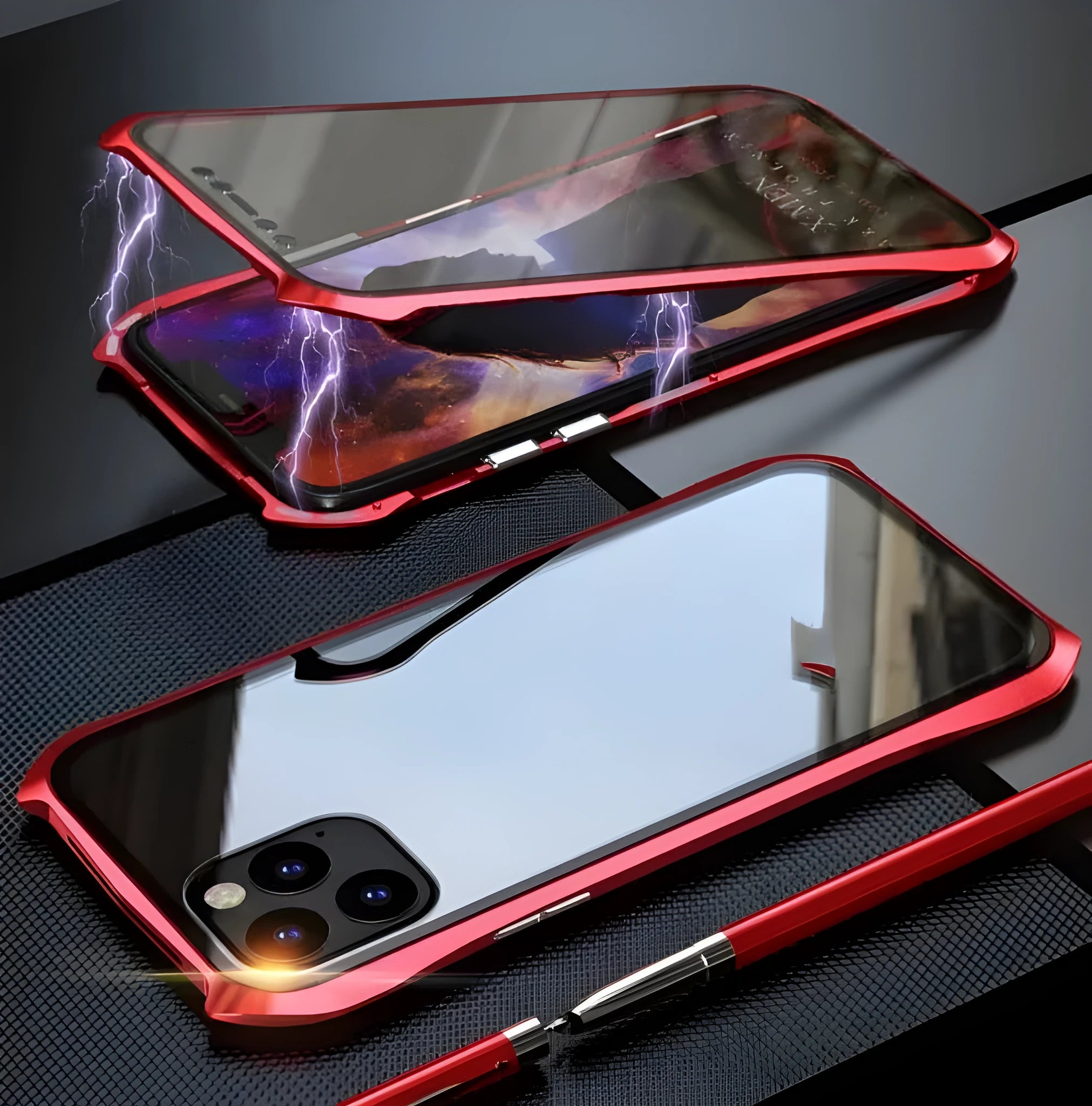 Magnetic glass back cover case for iPhone 11 series in black, blue, red, and silver colours with metal frame