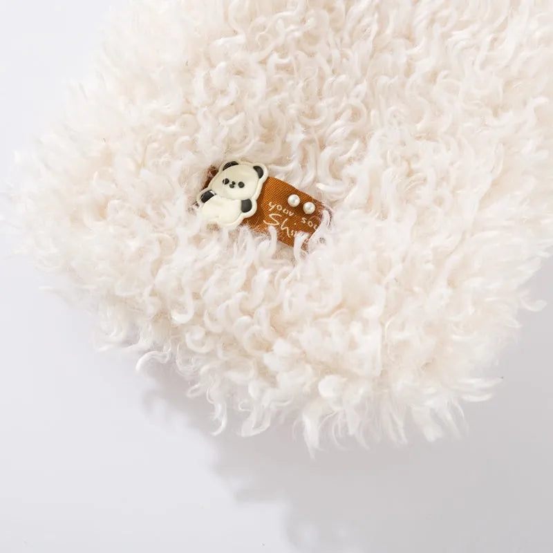 White fluffy lamb wool pet vest with 3D panda patch and "You Shine" tag for small cats and dogs.