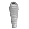 Ultralight mummy sleeping bag in army green colour with white duck down fill.