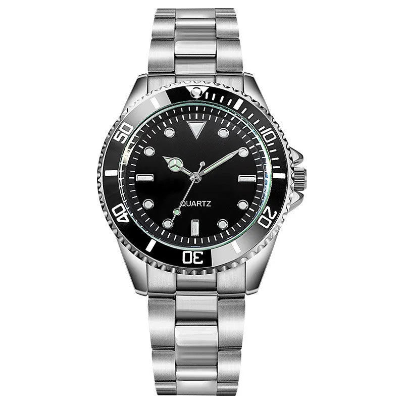 Steel belt black plate universal quartz watch with 40mm dial, 8mm alloy case, night glow hands, and stainless steel horseshoe buckle.