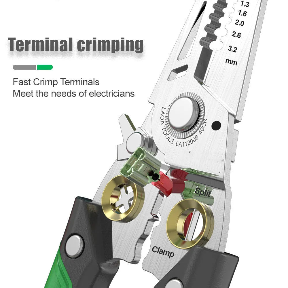 Stainless steel multifunctional wire stripper with seven stripping ports and a two-colour ABS handle.