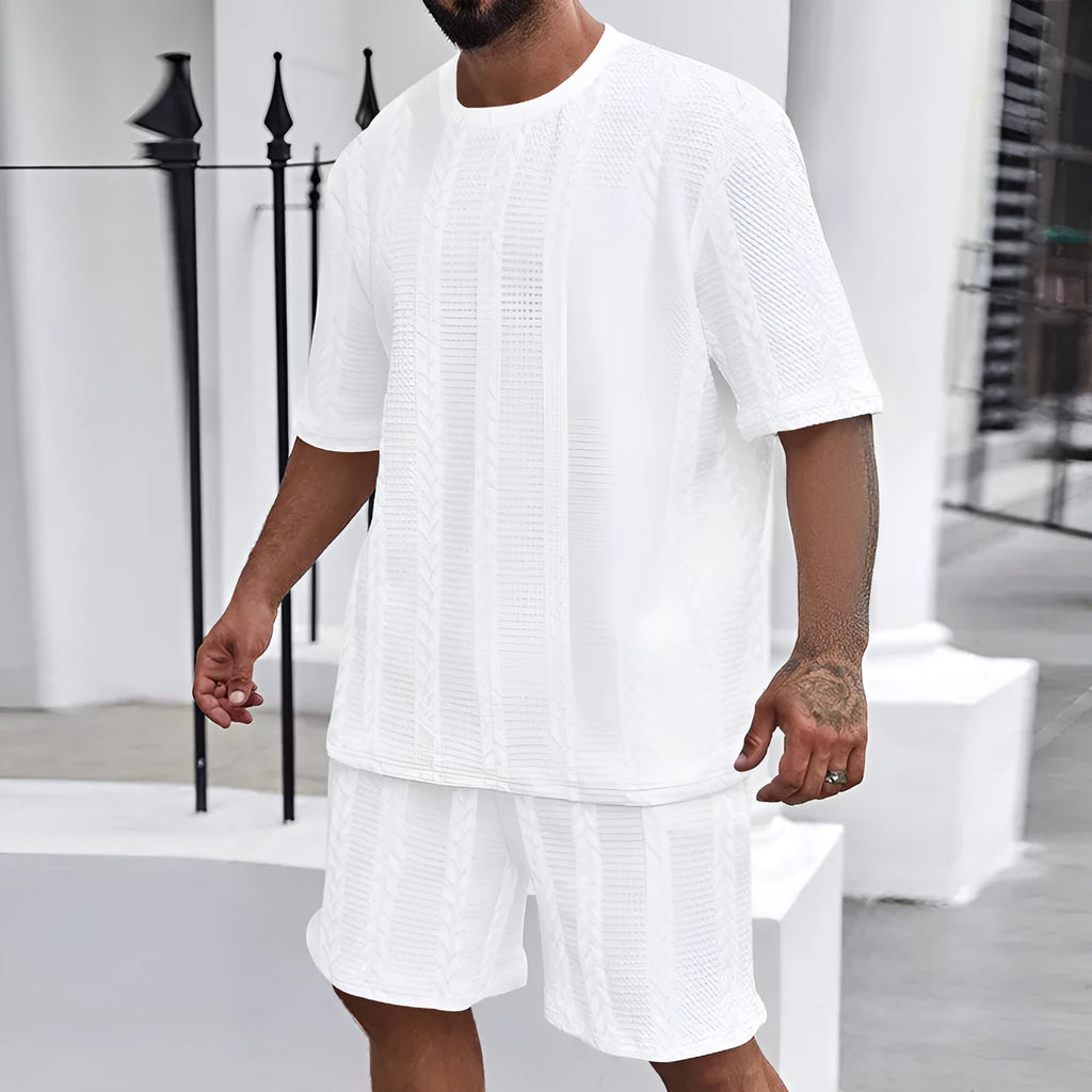 Men's Jacquard knitted summer set showing short sleeve pullover and matching shorts in light grey
