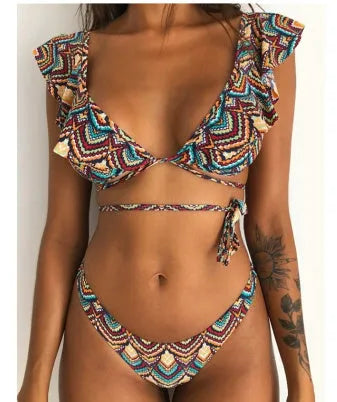 Women's yellow floral print bikini swimsuit with split design and multiple style options