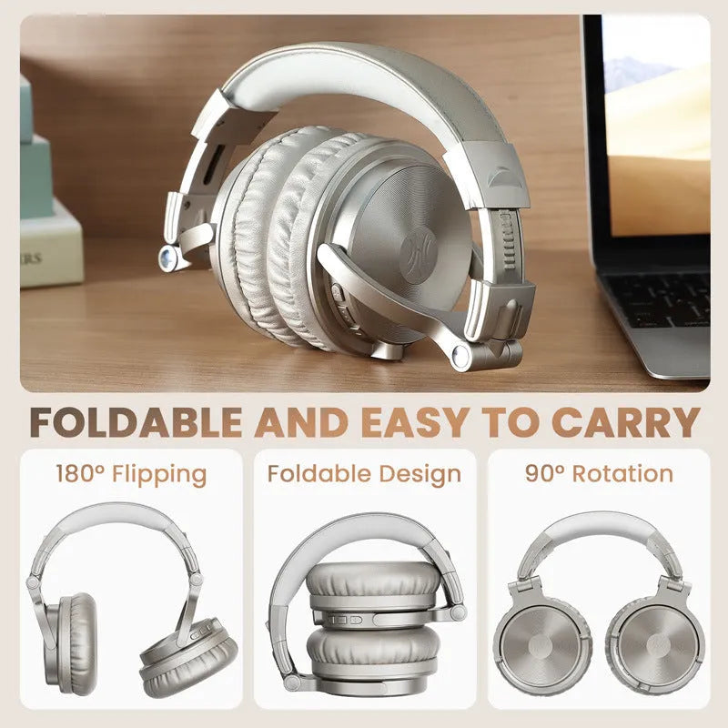 Wireless Bluetooth over-ear headset with microphone, 50mm driver, 1.2m cable, in black or champagne gold