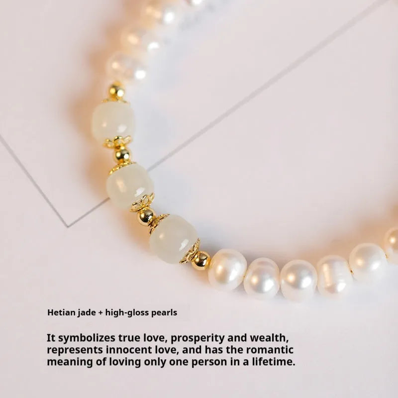 Korean style freshwater pearl bracelet in diamond shape, electroplated in Hetian jade colour.