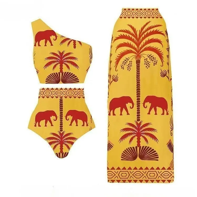 Women's black one-piece polyester swimsuit on a hanger, showing one-shoulder style