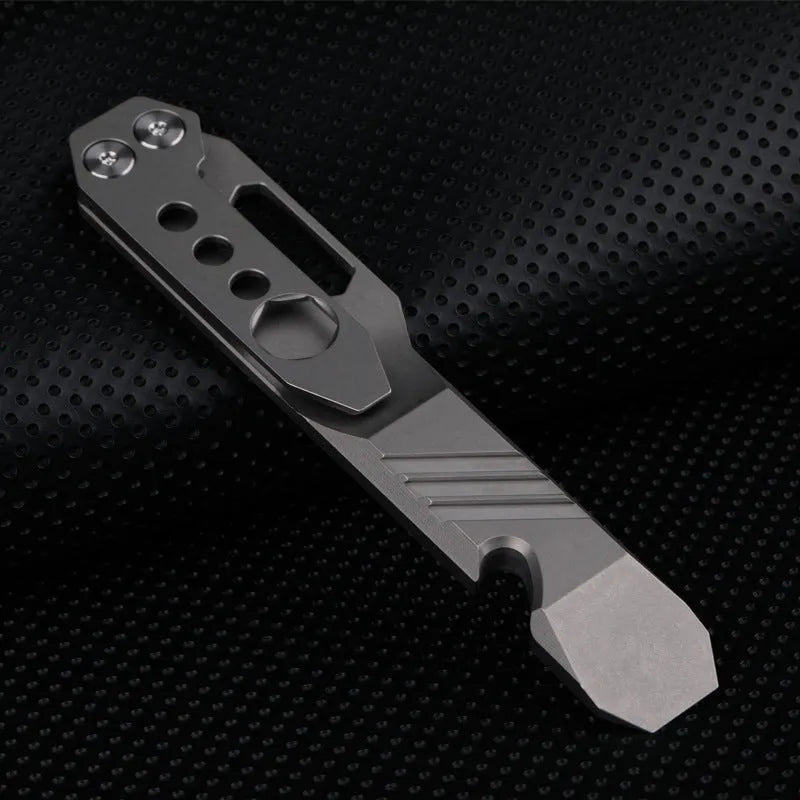 Titanium alloy multi-function crowbar tool with bottle opener and screwdriver, in gun grey finish.