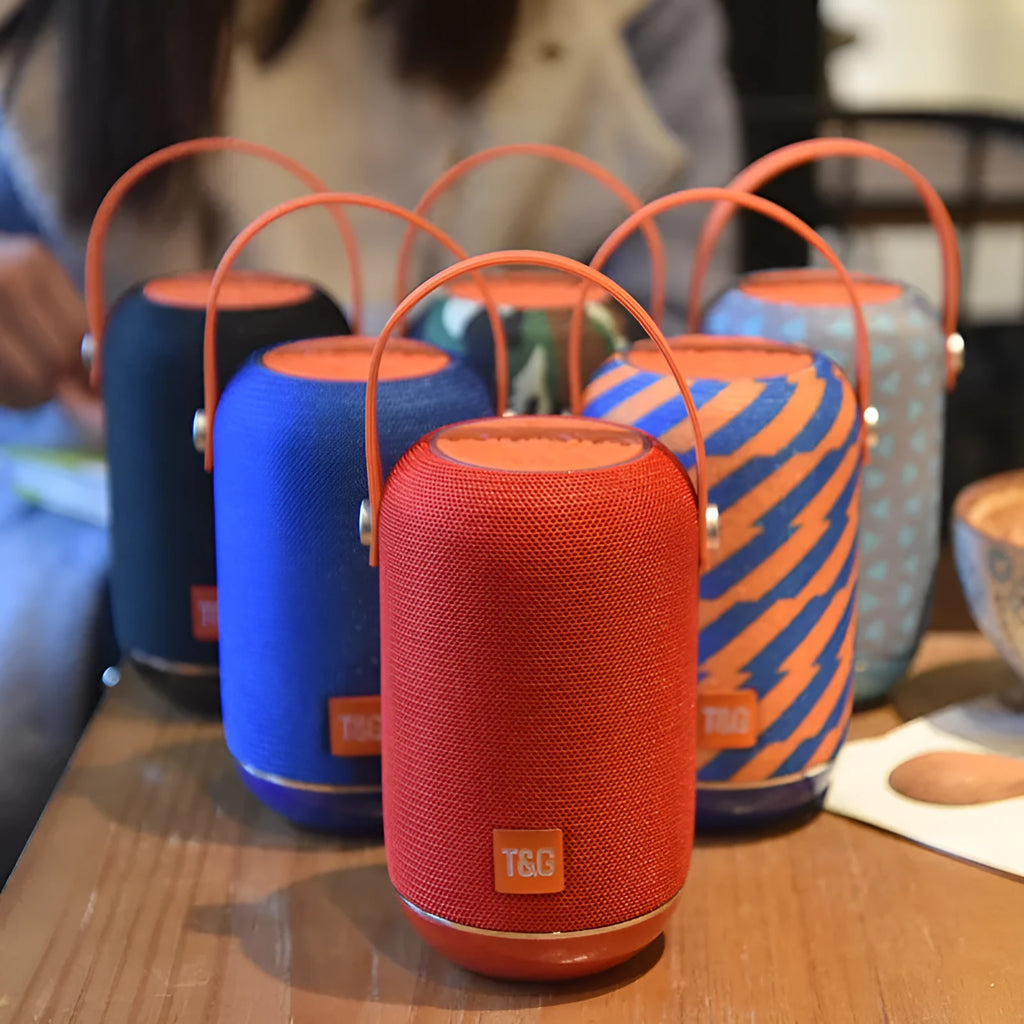 TG107 fabric portable Bluetooth speaker in blue with USB power, 10W output, and card insertion function