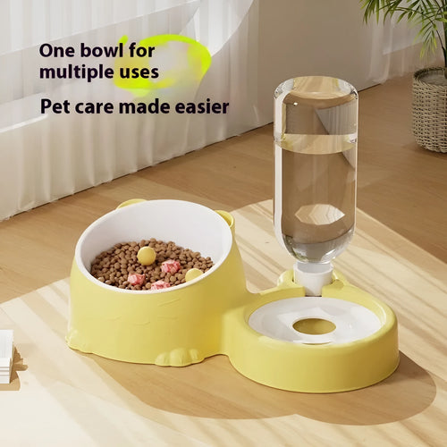 Double bowl automatic pet drinking basin in stainless steel and ceramic on a floor.