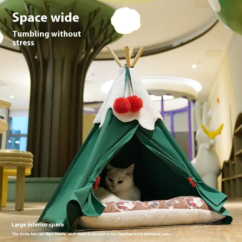 Semi-closed thick cloth cat house bed in brown or white, shown in two size options.