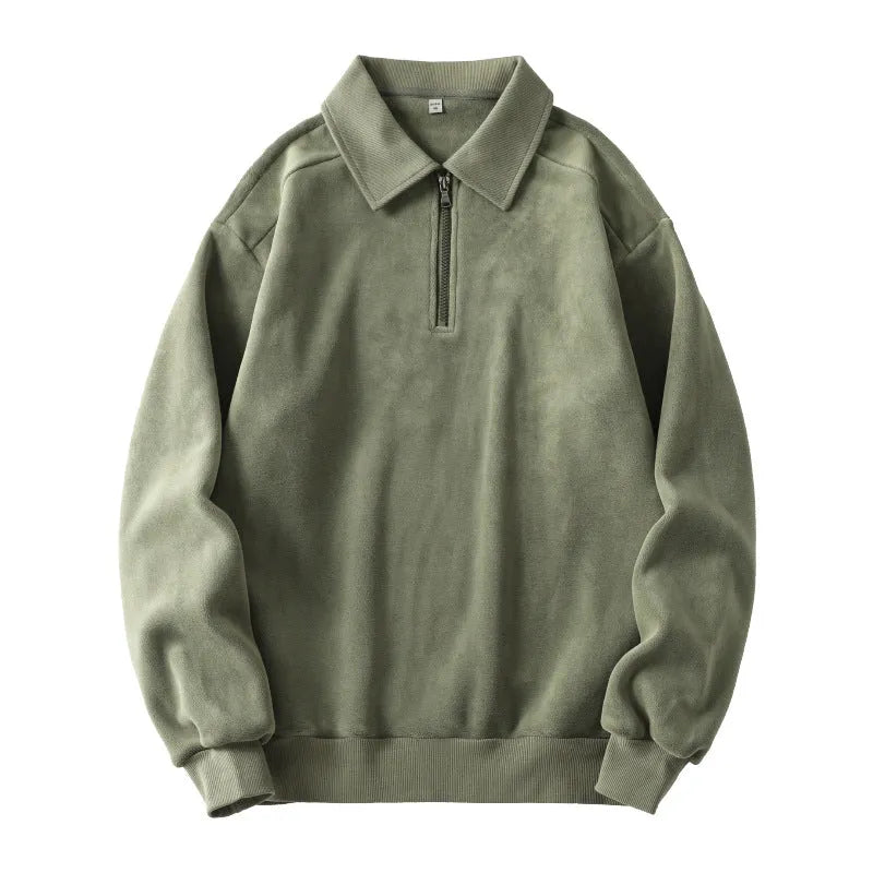 Men's fashion lapel half-zip fleece sweatshirt in black, long sleeves, hood, polyester cotton blend
