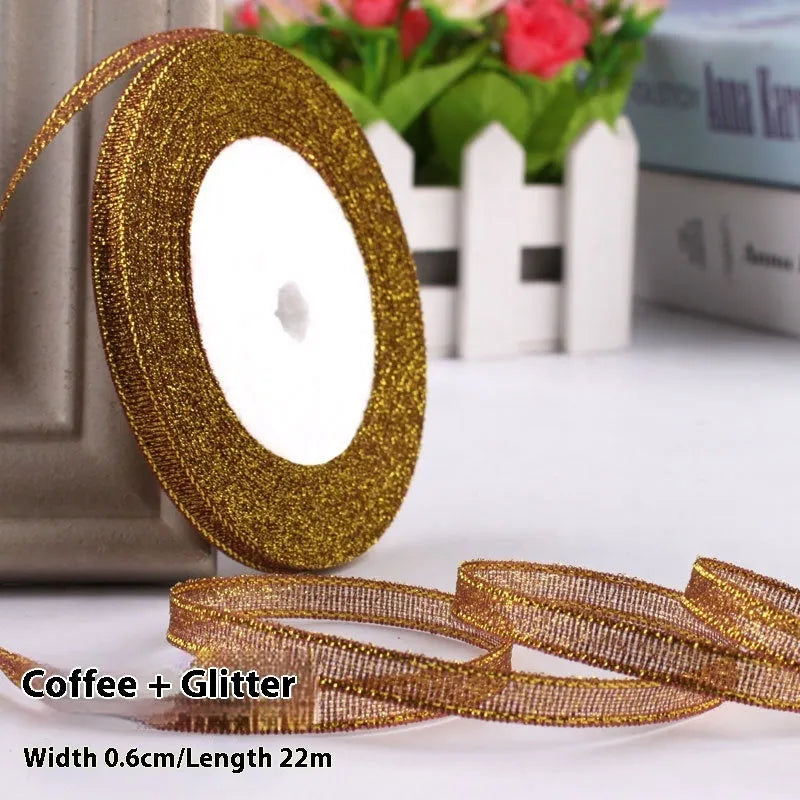 0.6cm wide polyester gift packaging ribbon roll in multiple colour options including gold leaf and jade pink