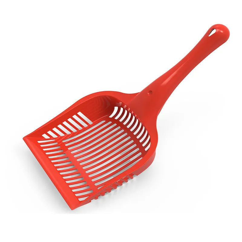 Red plastic cat litter scoop next to a yellow and blue one, showing two size options for litter tray cleaning.