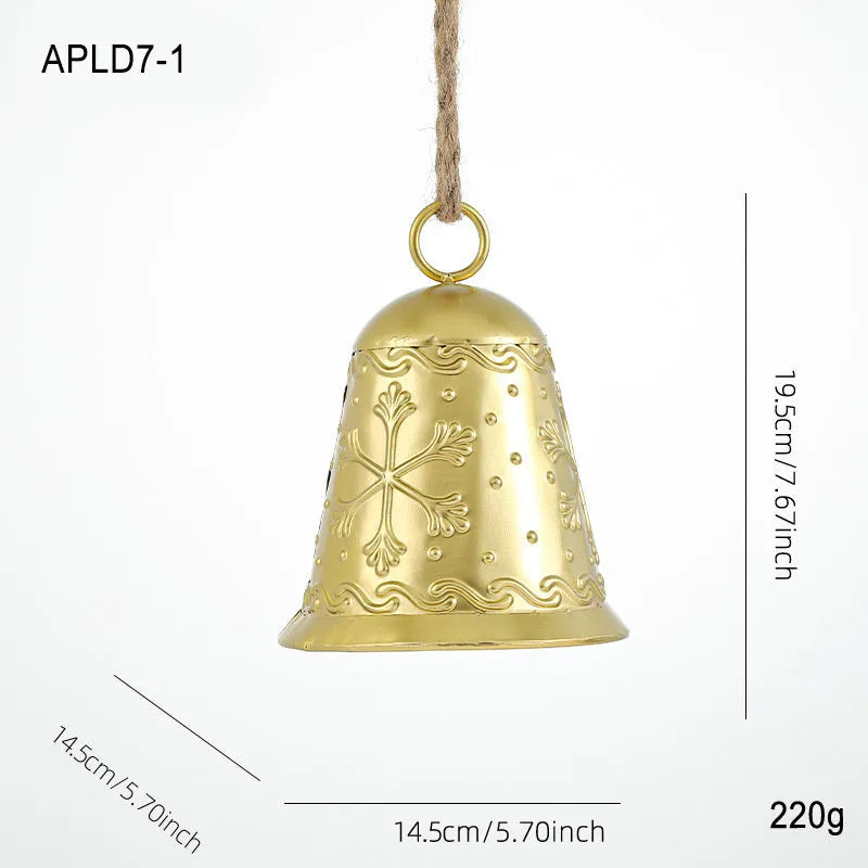 Christmas iron bell ornament with Santa Claus and snowman design in gold finish
