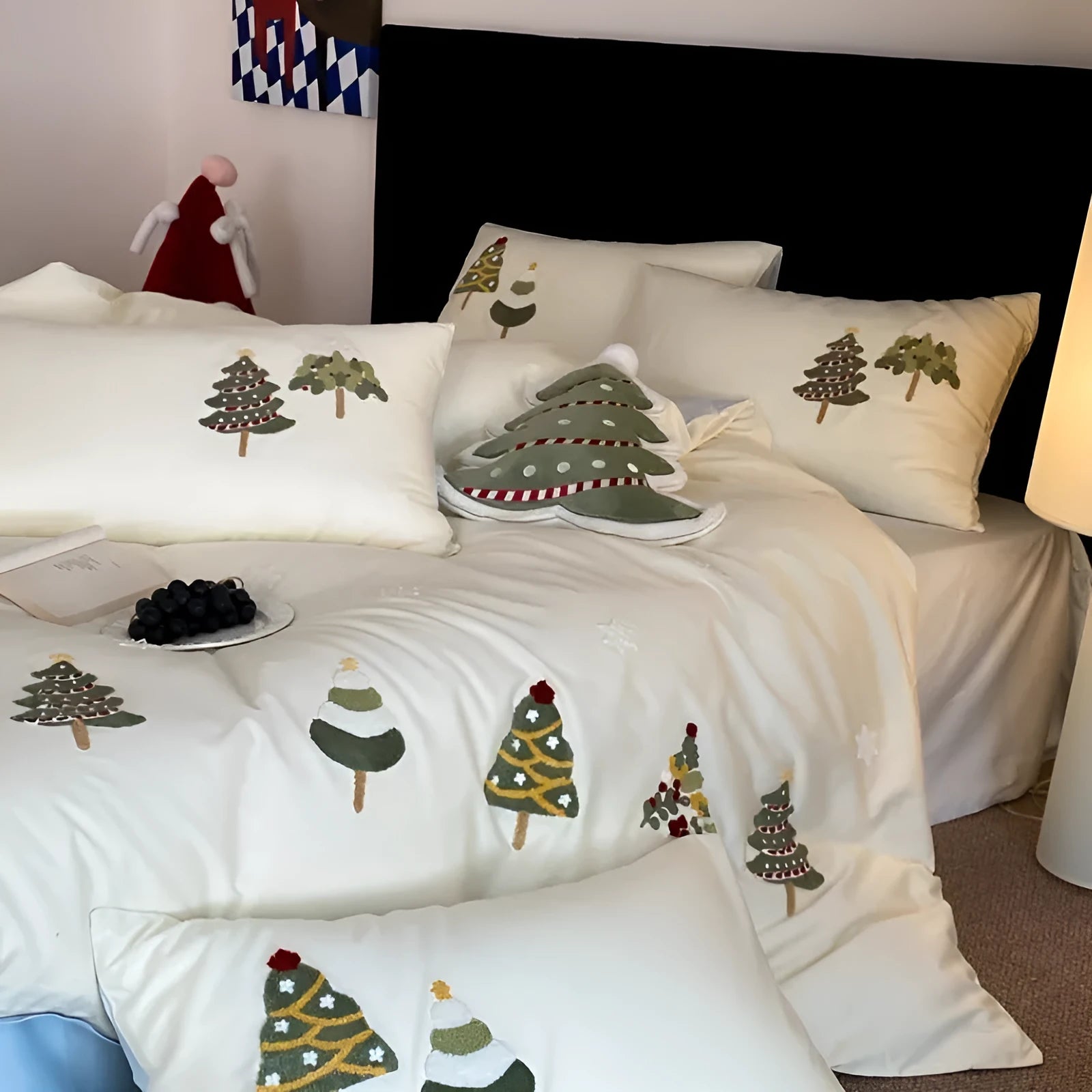 Cream blue duvet cover with raised towel embroidery Christmas tree design, part of a pure cotton four-piece bedding set.