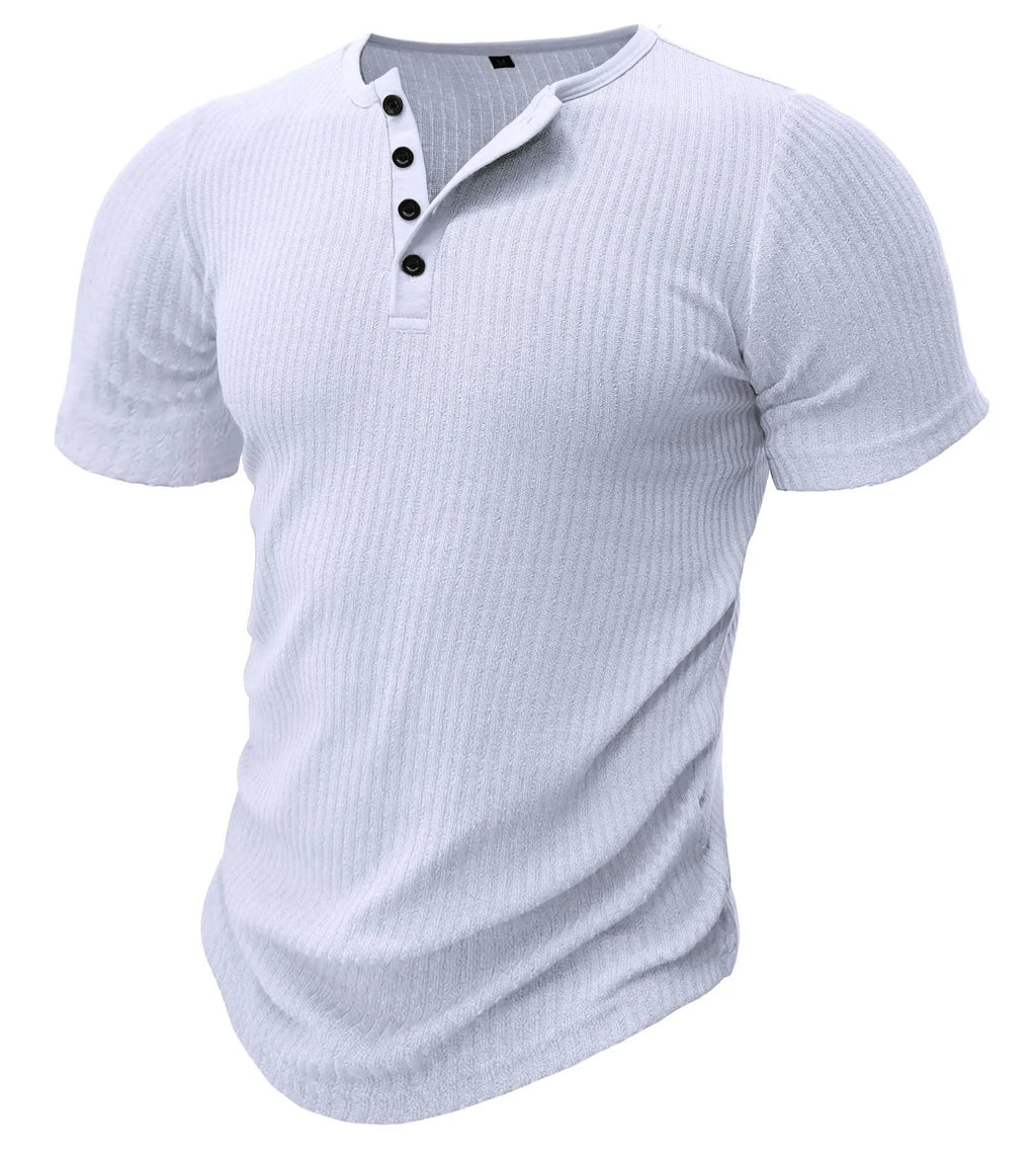 Men's slim-fit muscle short sleeve sports t-shirt in polyester fabric on a grey background.