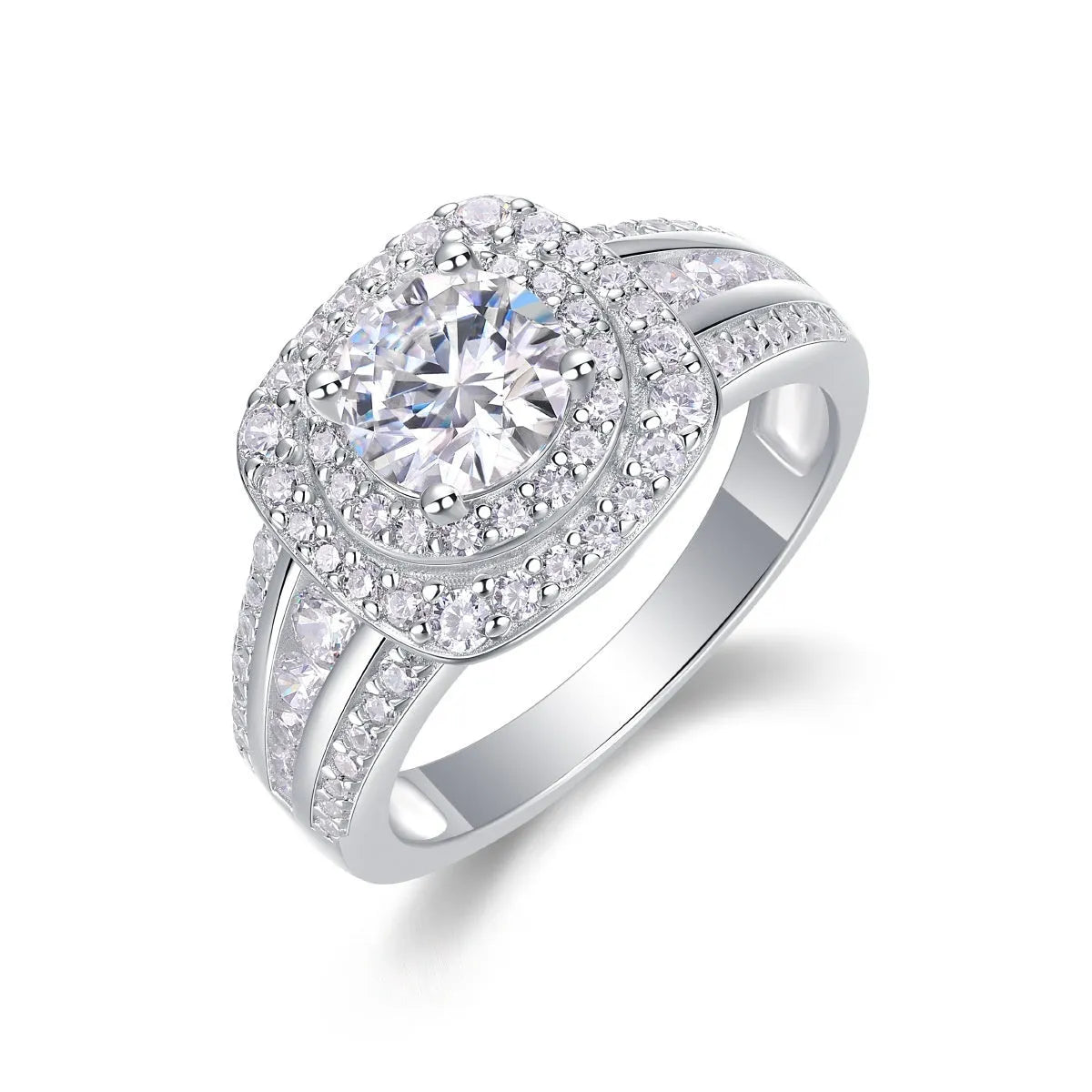 Moissanite silver ring with round cut geometric design on a silver band