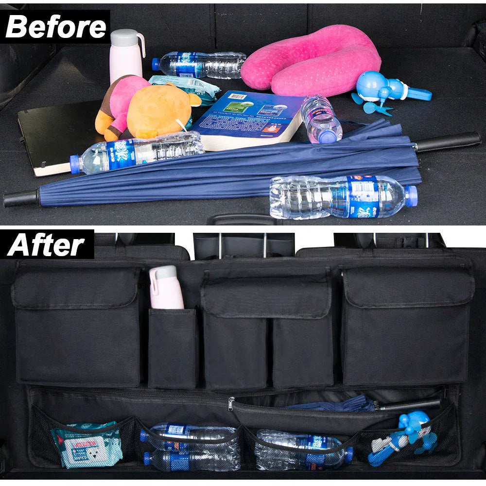 Car boot hanging storage bag made from black Oxford cloth with red piping and handle