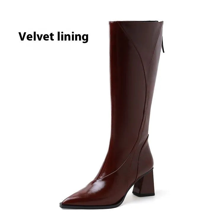 Women's black retro high heel riding boots with a waterproof platform sole.