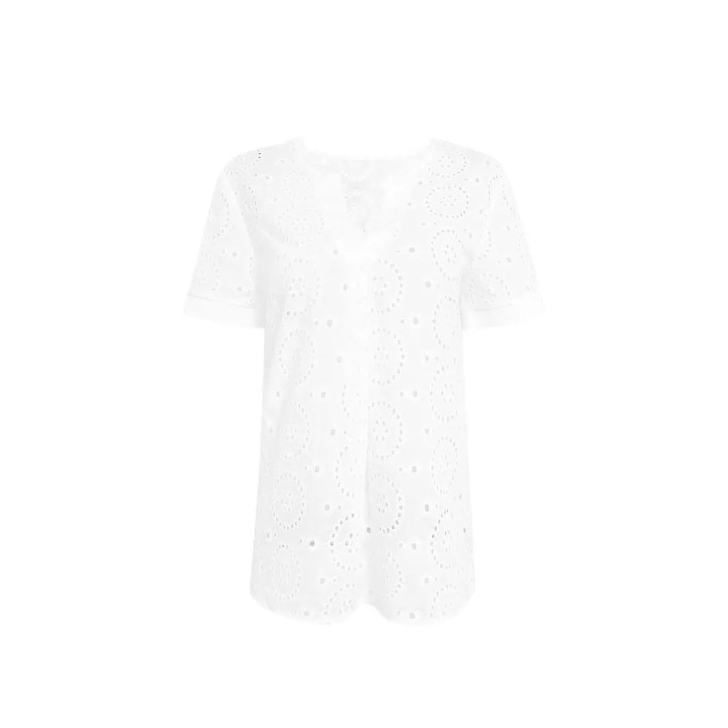 White loose V-neck t-shirt with hollow-out pattern detail on front, short sleeves, casual fit.