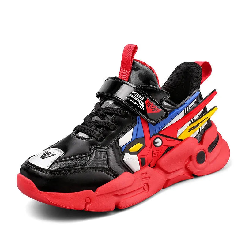 Children's leather surface running shoes with Velcro fastening in yellow, black red, or lake blue colours