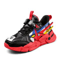 Children's leather surface running shoes with Velcro fastening in yellow, black red, or lake blue colours
