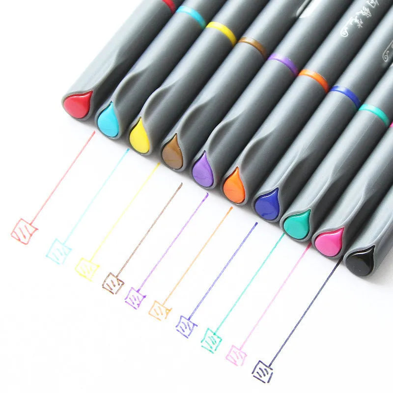 Pack of ten black hook line pens with 0.38mm syringe tips for technical drawing.