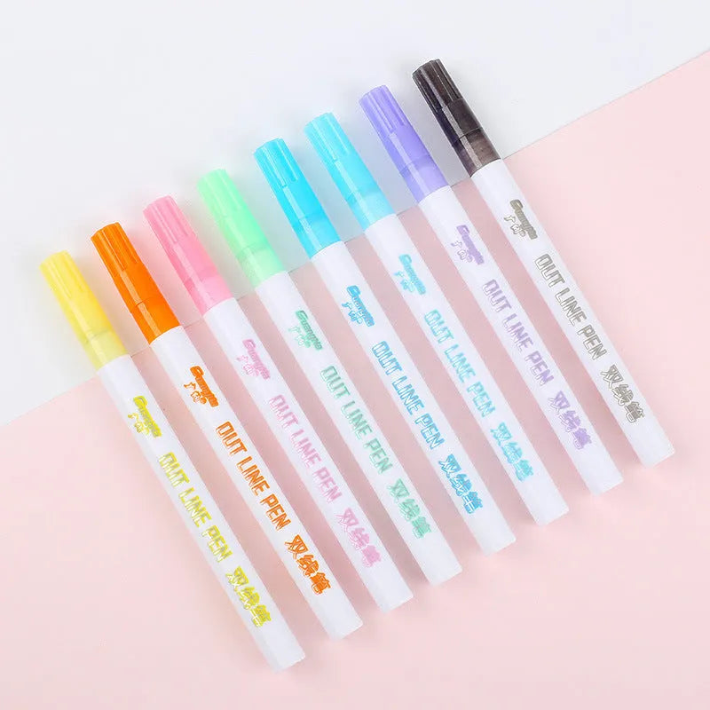Set of eight fluorescent highlighter pens with 2mm tips in a plastic storage box.