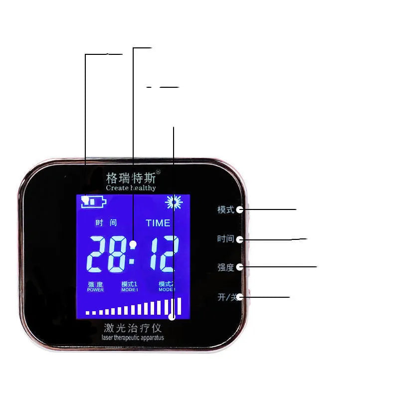 Wrist-mounted light wave meter therapy device with laser emitter for hand treatment.