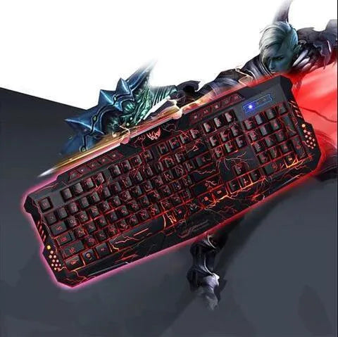 Black USB wired gaming keyboard with blue, purple, and red LED backlight, 19-key anti-ghosting, and ergonomic S-shaped design.