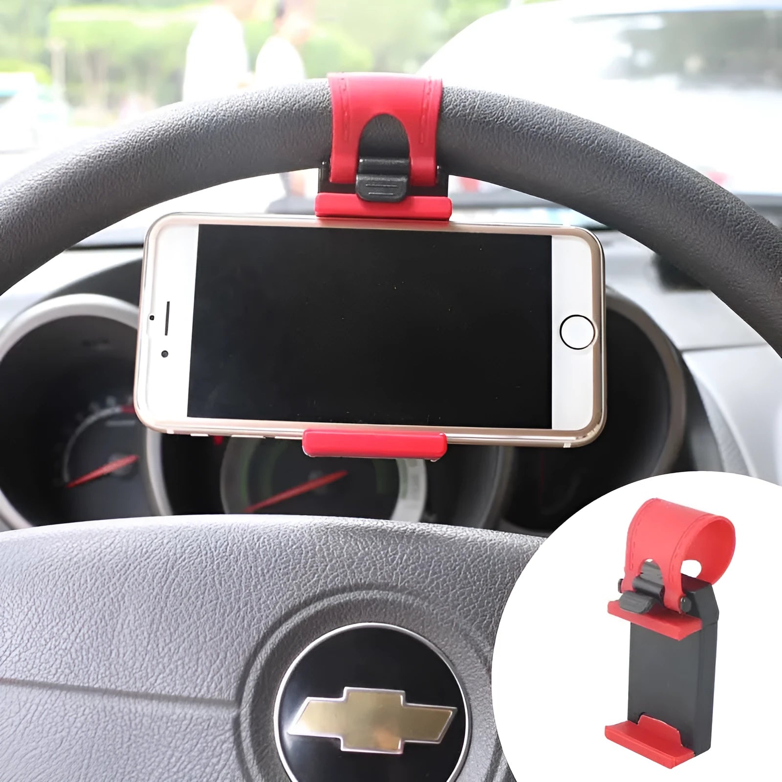 Black universal steering wheel phone mount clip holding a smartphone for hands-free use while driving.