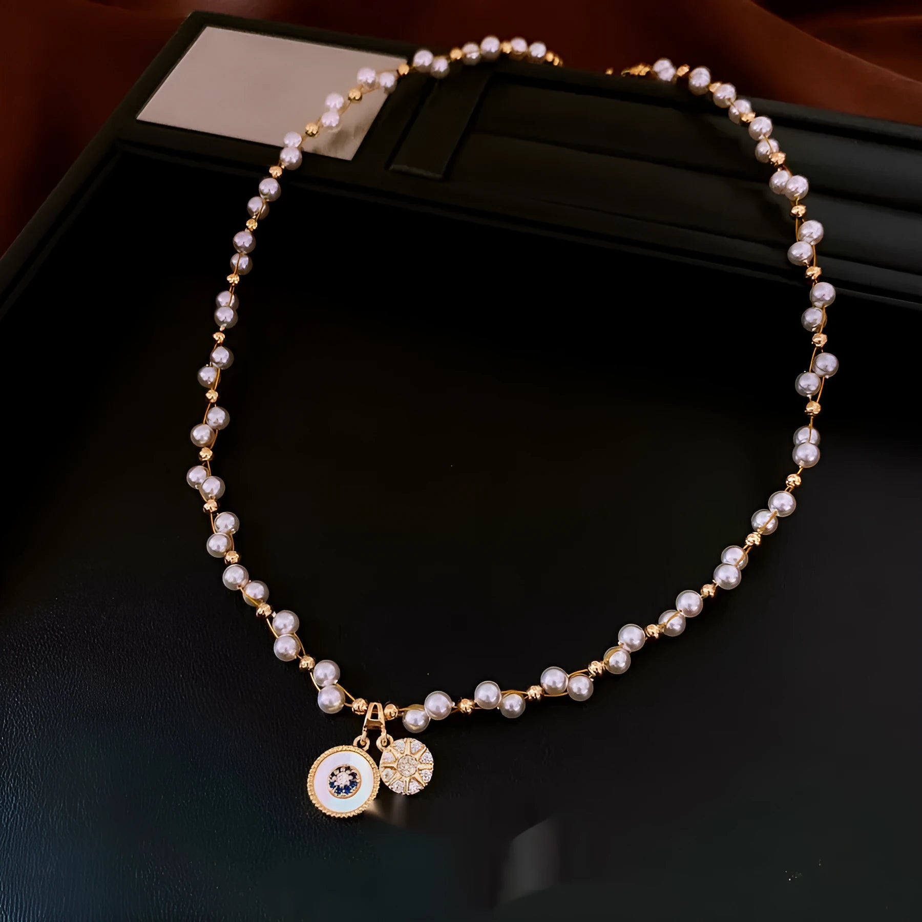 Gold electroplated zircon pearl round pendant necklace with adjustable clavicle chain