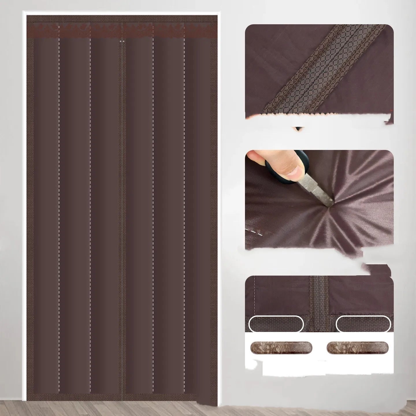 Full seam long magnetic strip cotton door curtain in New Chinese style, showing colour options and magnetic closure.