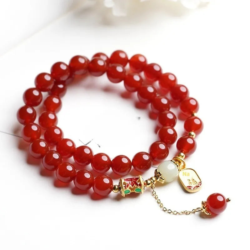 Red agate and Hetian jade beads bracelet with gold plating in three style variations