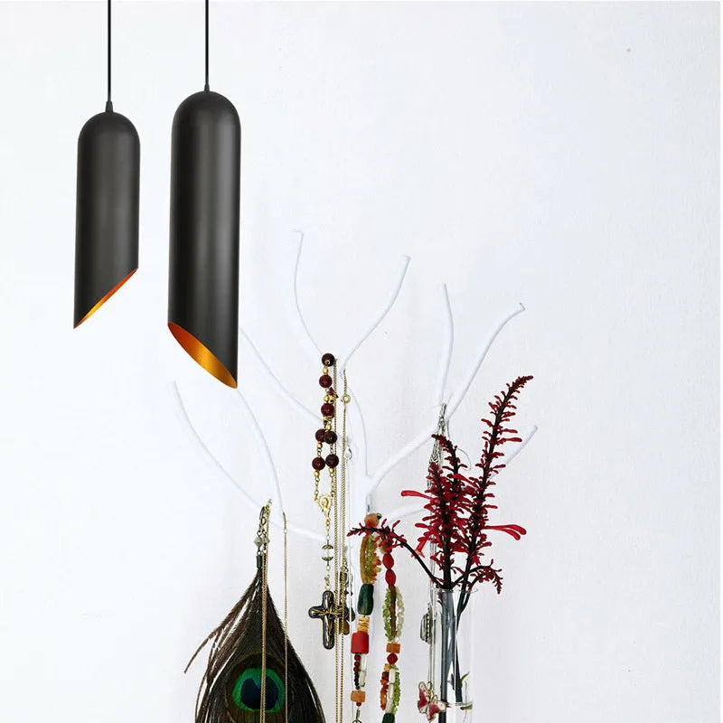Matte black wrought iron retro chandelier ceiling light with a visible suspension rod and bulb holder.