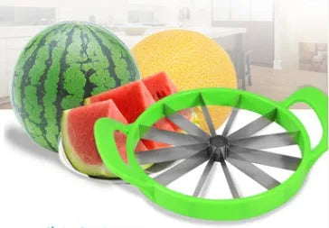 Green watermelon slicer with 410 stainless steel blade and non-slip plastic handle.