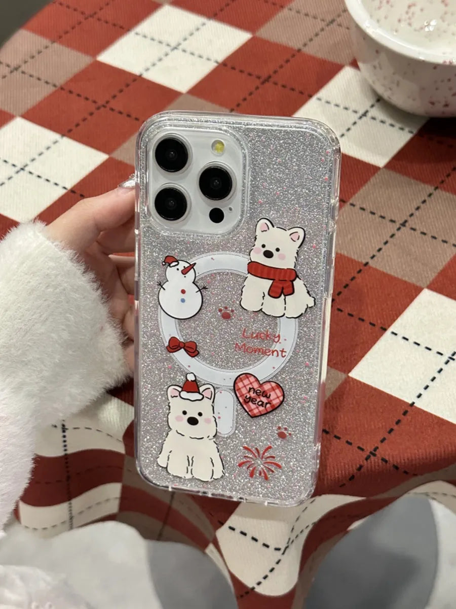 Cartoon red scarf dog magnetic silicone phone case for iPhone with glitter fireworks print