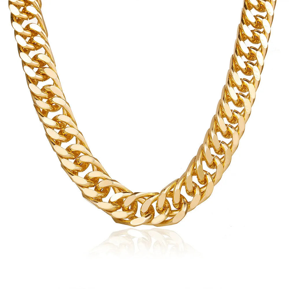 Gold tone women's necklace with thick 6cm chain links on a 32cm alloy chain, electroplated finish.