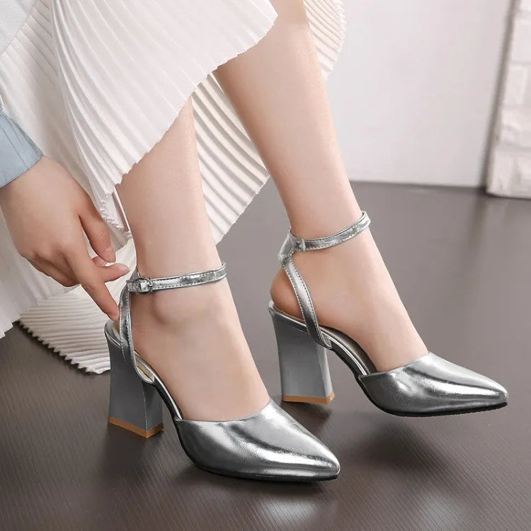 Women's thick high heel pointed toe sandals in silver or gold with cowhide upper and rubber sole, sizes 34-39.