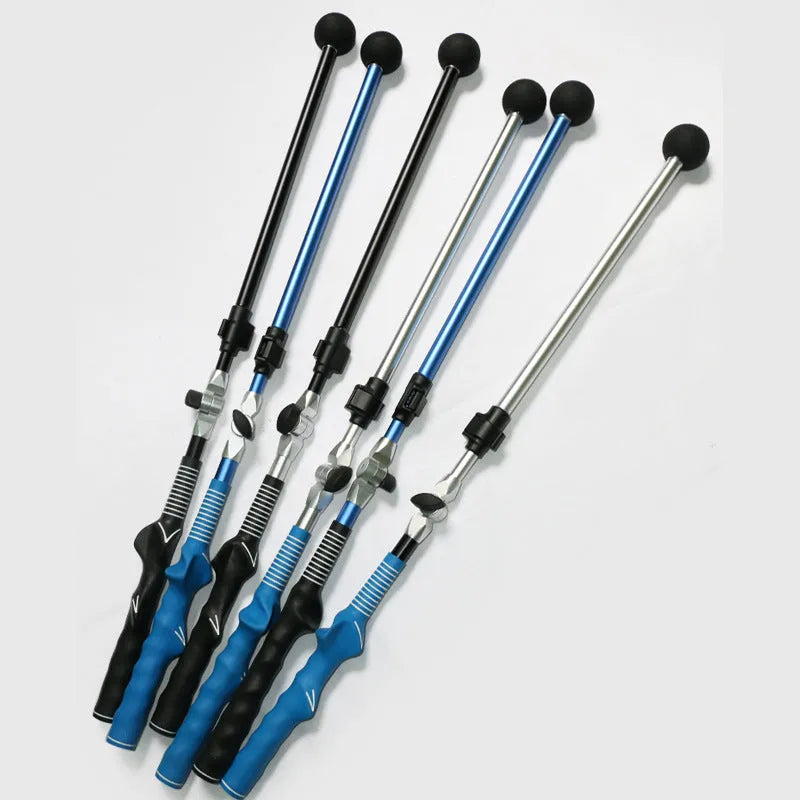Golf folding swing trainer with aluminium shaft and rubber grip, extended to 110cm, black colour
