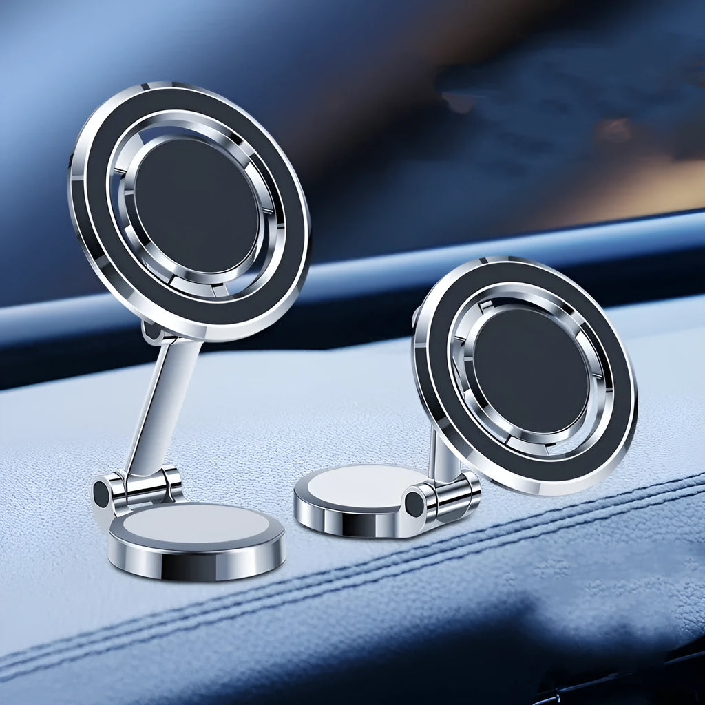 Car mobile phone holder with magnetic mount and flexible 360-degree rotation bracket on dashboard