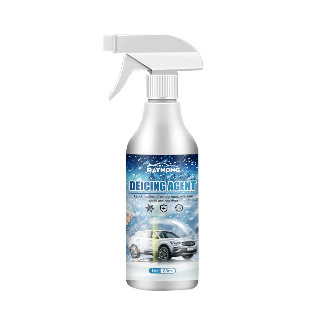 60ml car ice melting spray bottle and cloth scraper for winter windscreen defrosting.