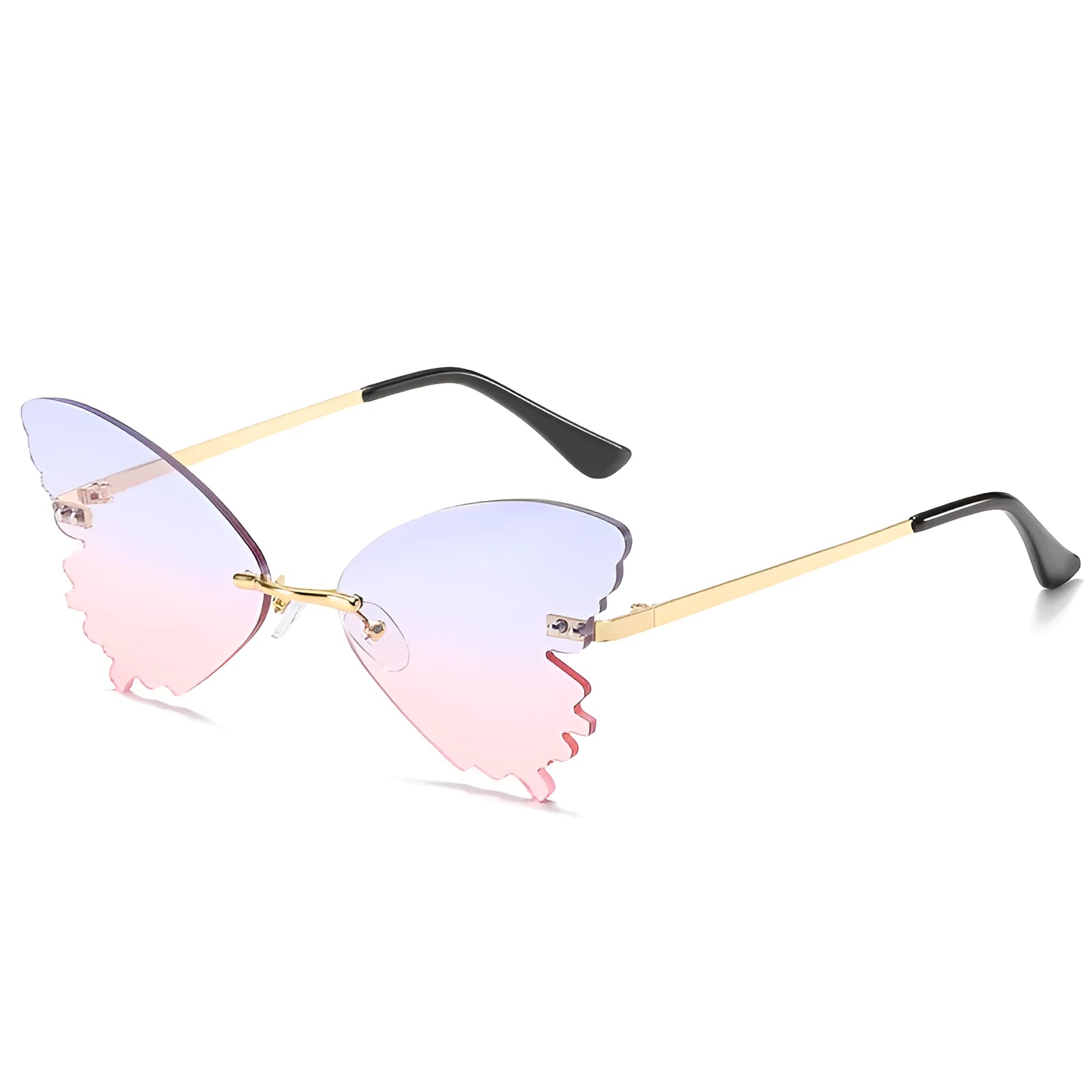 Butterfly rimless sunglasses with UV400 protection, vintage style, plastic and metal frame, available in blue green grey pink purple red yellow