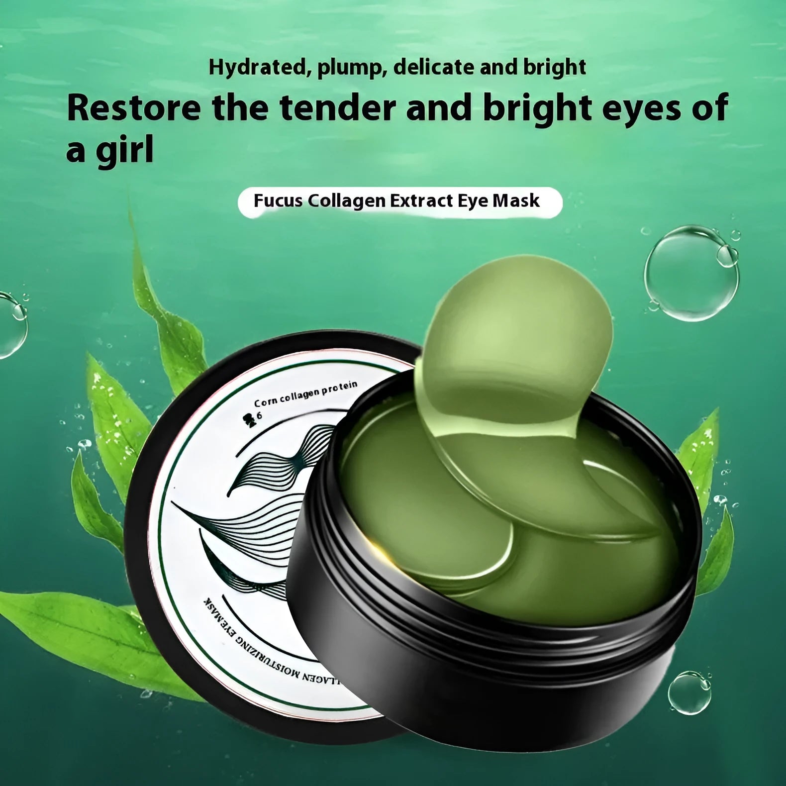Green seaweed eye mask sheets with 60 tablets containing sodium hyaluronate